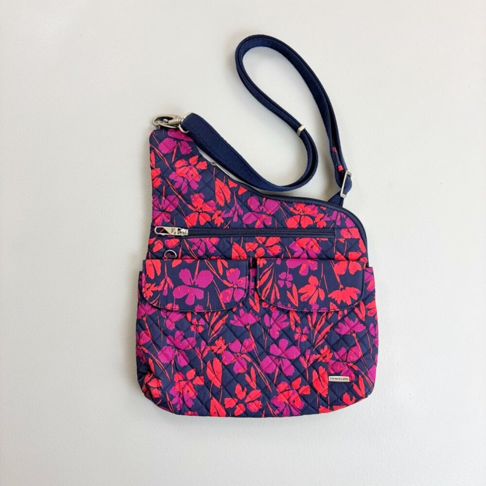 TRAVELON Anti-Theft Crossbody Bag Quilted Painted Floral Navy Orange Pink